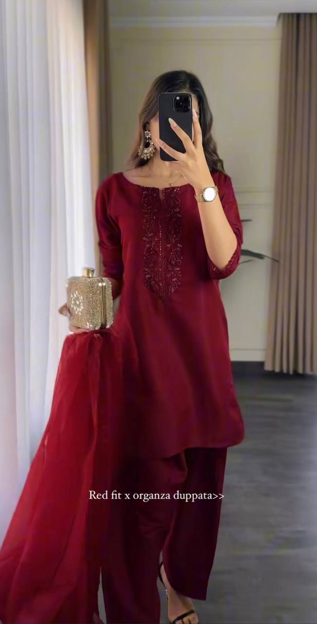 Editorial Deep Red Silk Co-ord